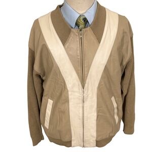 Torras Leather Jacket Mens 42 Tan Cream Chevron Waffle‎ Knit Zip Bomber Spain